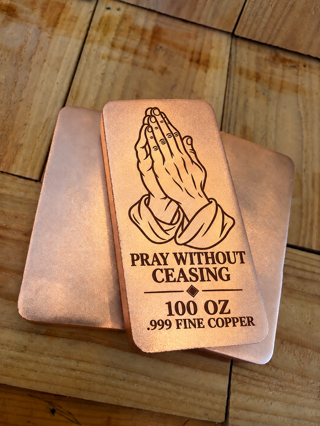 100 oz Pray Without Ceasing praying hands copper bar, satin finish, stack view