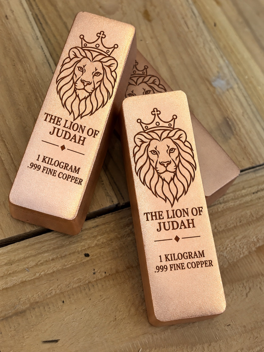 1 kilogram .999 fine copper Lion of Judah bar in satin finish with engraved design and weight inscription