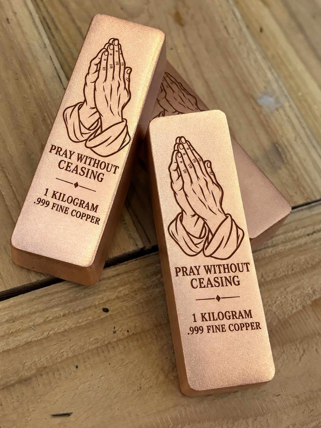 1 kilogram .999 fine copper Pray Without Ceasing bar in satin finish with engraved design and weight inscription