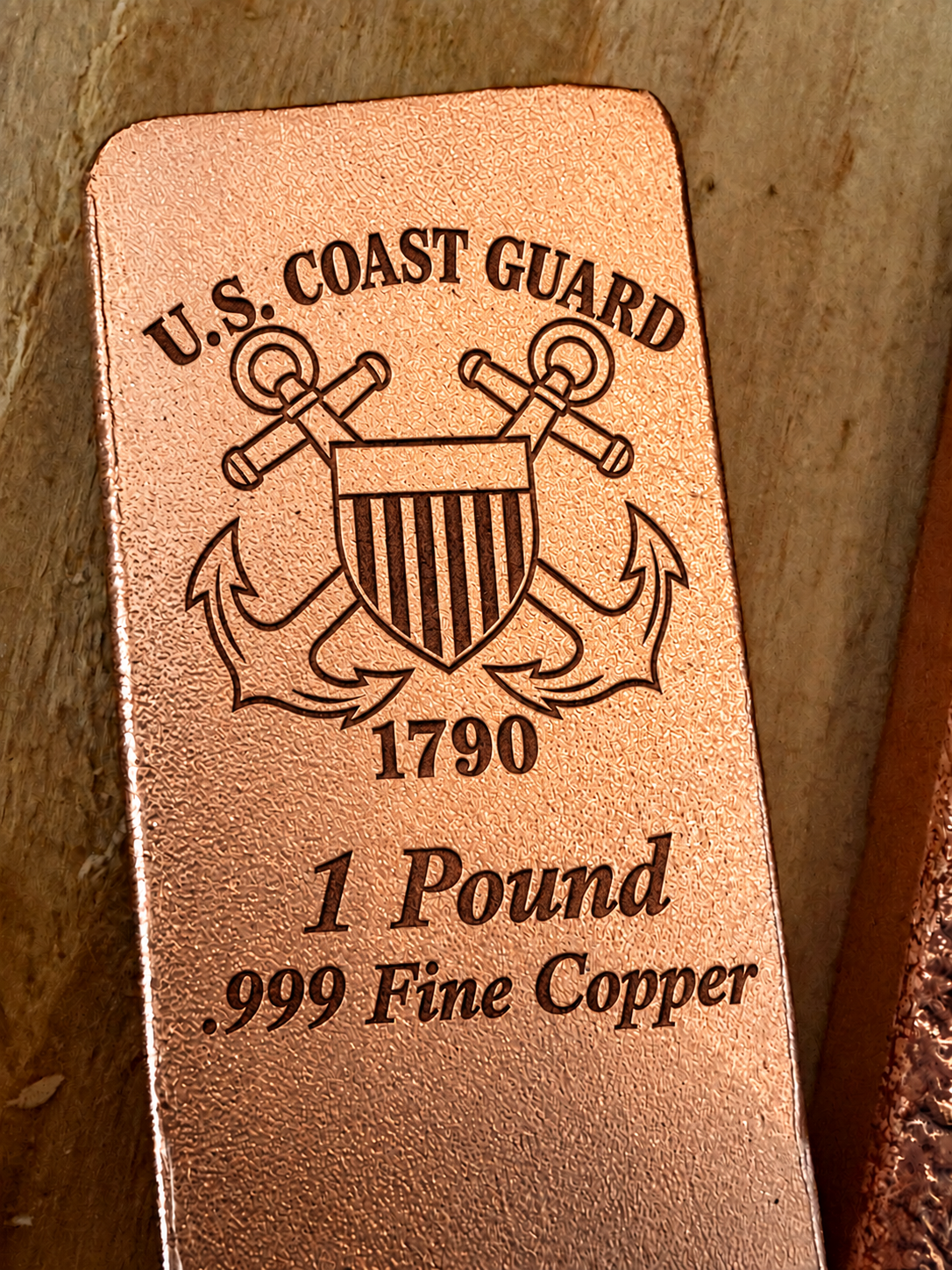 Coast Guard 1 Pound .999 Fine Copper bar engraving mockup, close-up