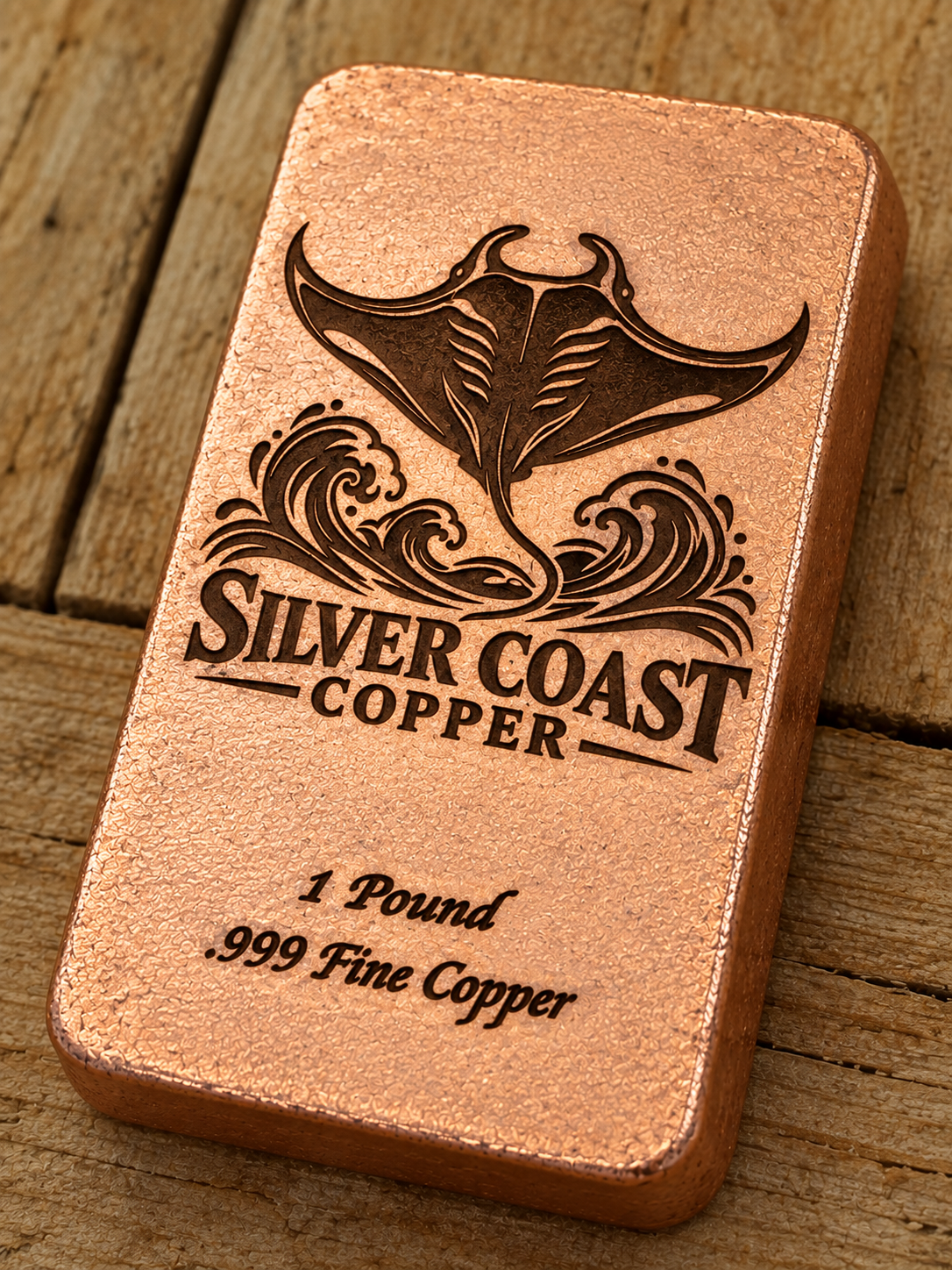 Manta Ray 1 Pound .999 Fine Copper bar engraving mockup, three-quarter view