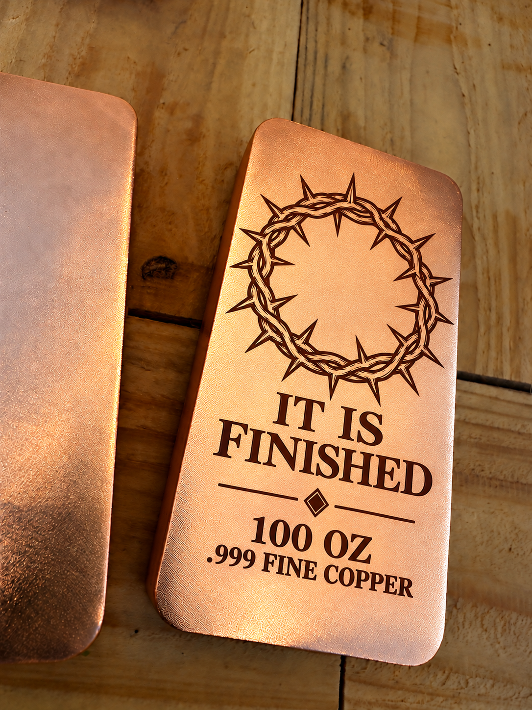 100 oz It Is Finished crown of thorns copper bar, satin finish, angle view