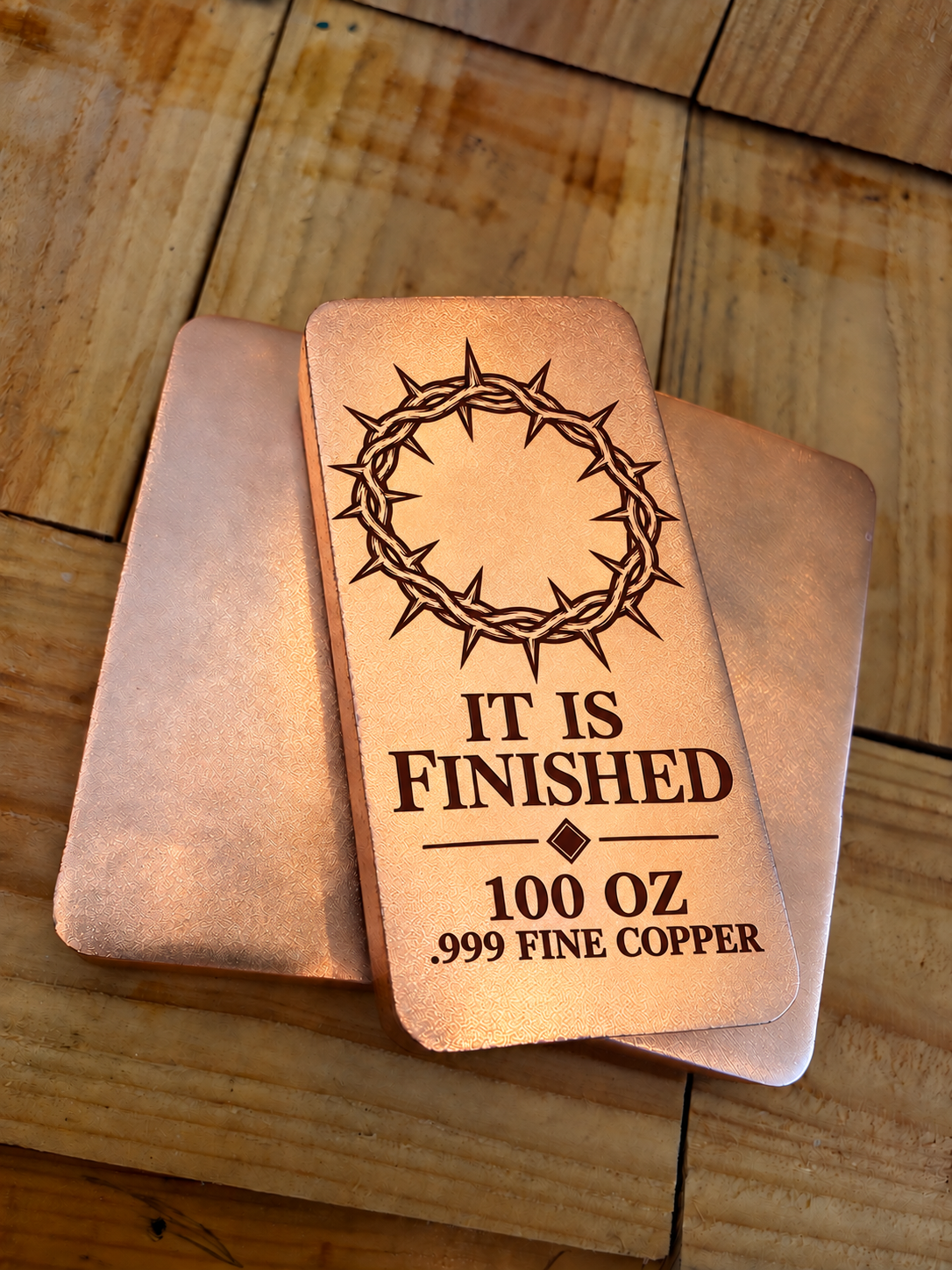 100 oz It Is Finished crown of thorns copper bar, satin finish, stack view