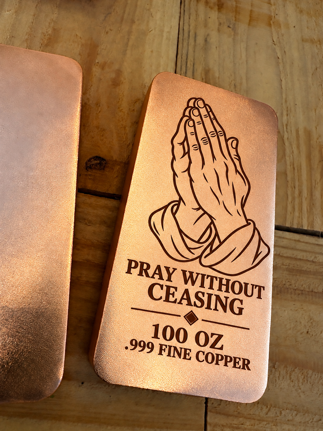 100 oz Pray Without Ceasing praying hands copper bar, satin finish, angle view