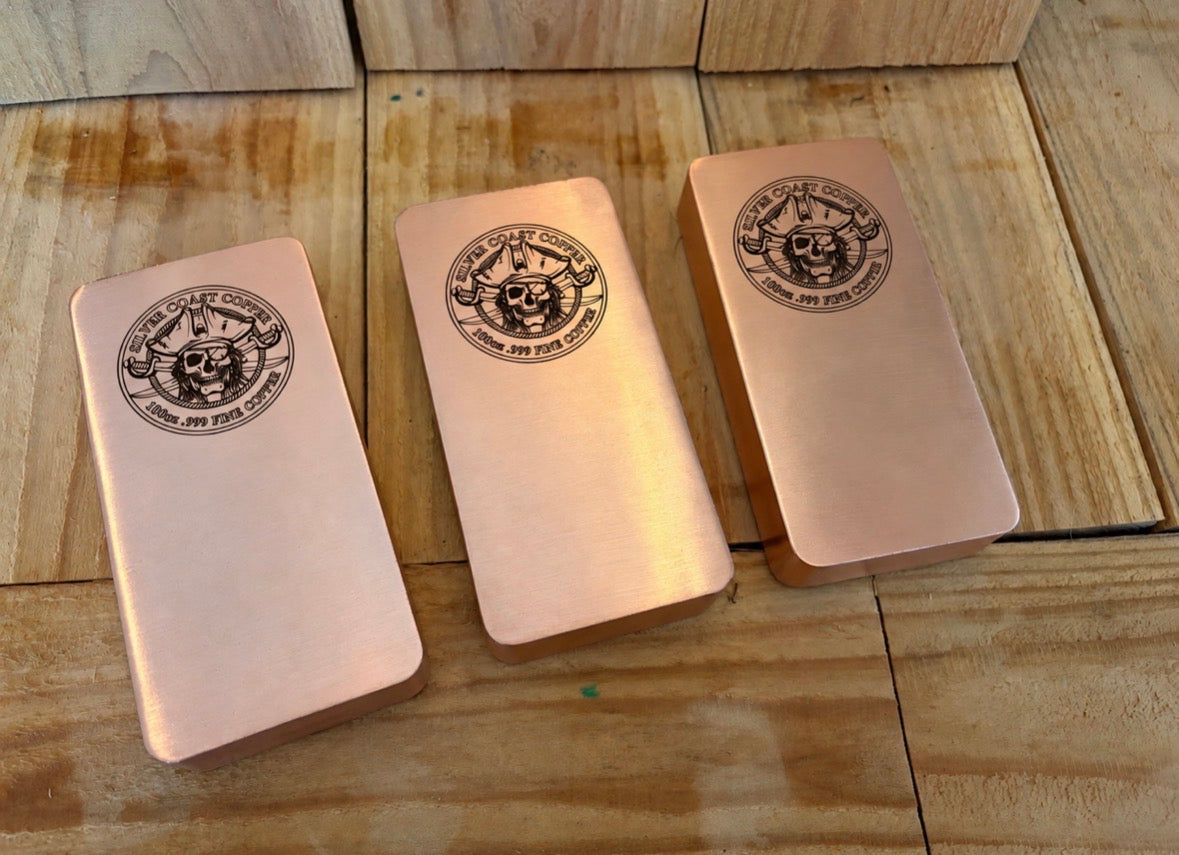 100 Oz .999 Fine Copper Bar - Pirate Engraved Satin Finish