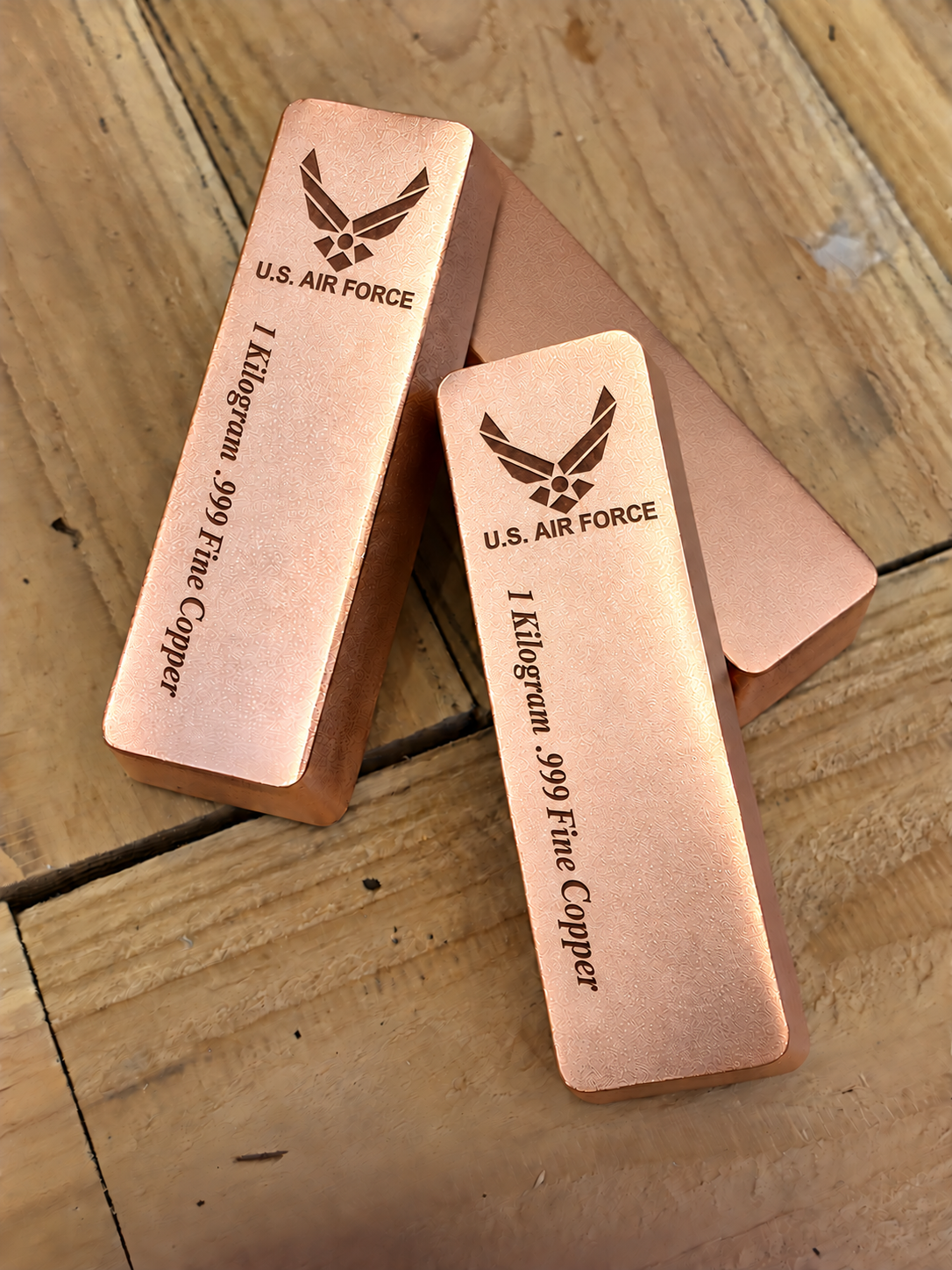 1 kilogram .999 fine copper Air Force bar in satin finish, stacked view, top emblem and lengthwise inscription