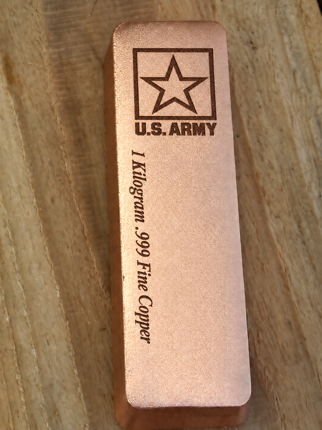 1 kilogram .999 fine copper Army bar in satin finish, front view, top emblem and lengthwise inscription