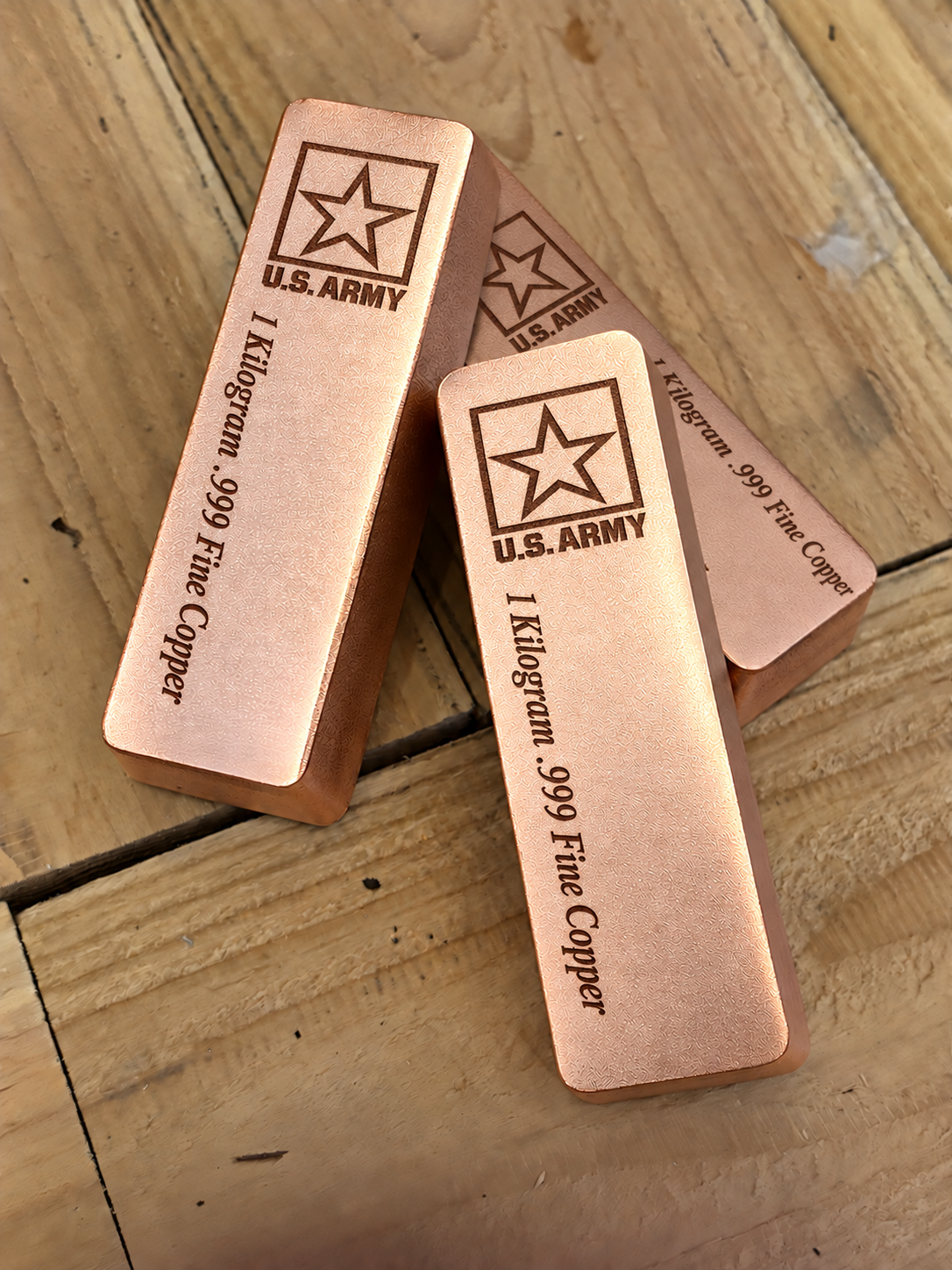 1 kilogram .999 fine copper Army bar in satin finish, stacked view, top emblem and lengthwise inscription