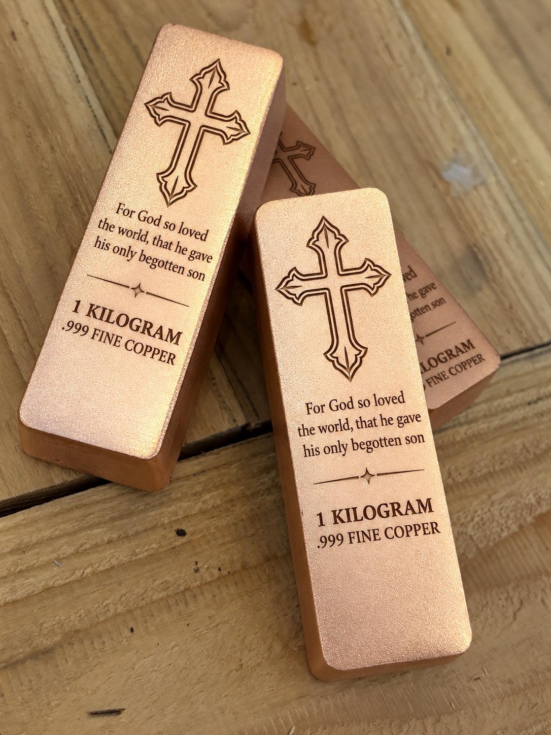 1 kilogram .999 fine copper John 3:16 Cross bar in satin finish with engraved design and weight inscription