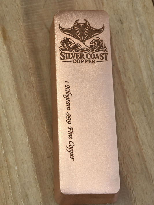 1 kilogram .999 fine copper manta ray logo bar in satin finish - single bar with weight inscription