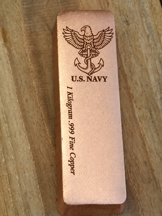 1 kilogram .999 fine copper Navy bar in satin finish, front view, top emblem and lengthwise inscription