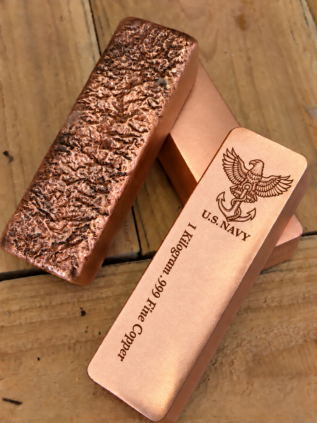 1 kilogram .999 fine copper Navy bar in satin finish, front and rough cast reverse view, top emblem and lengthwise inscription
