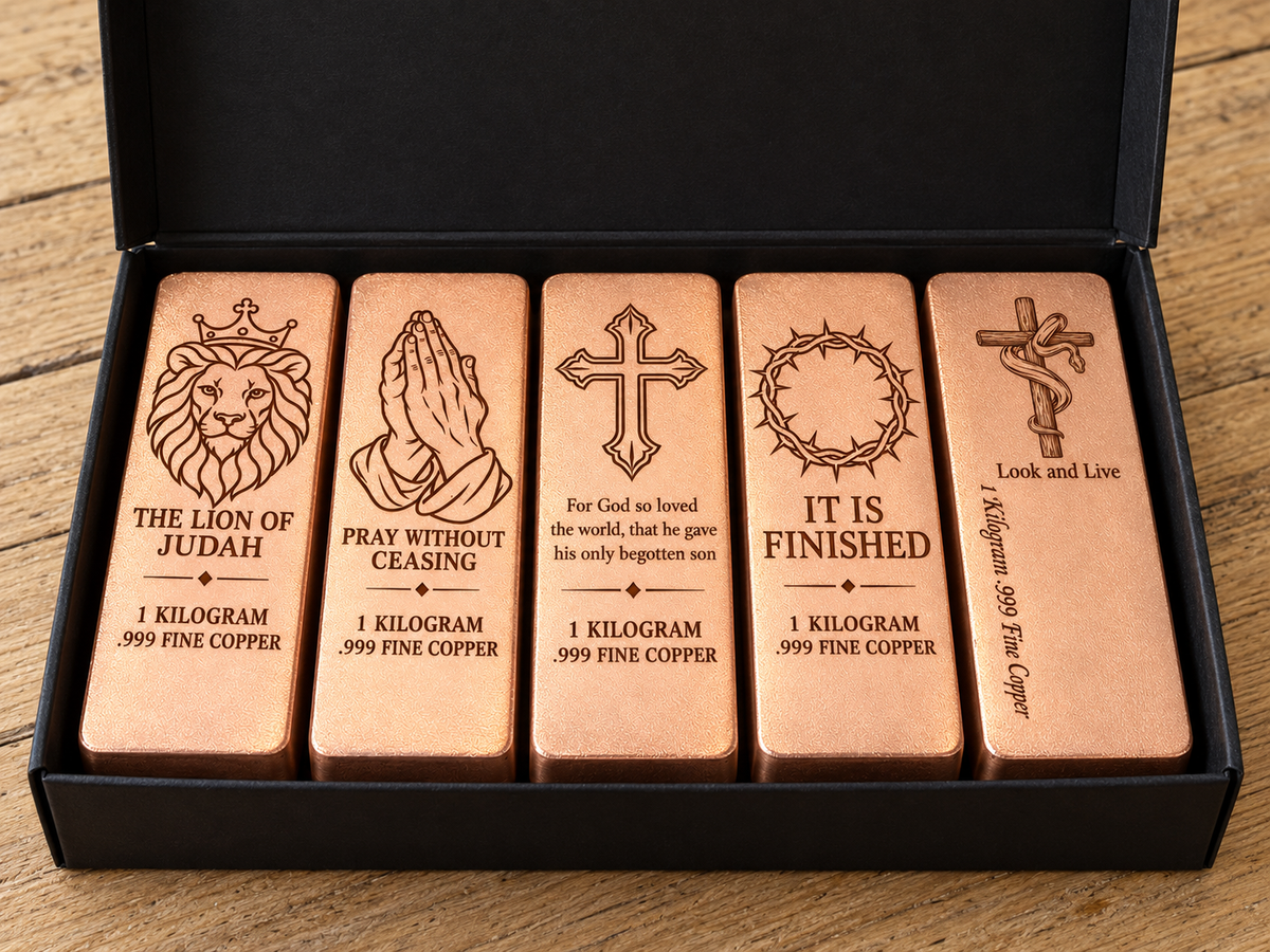 In His Service five-pack: Lion of Judah, Pray Without Ceasing, John 3:16 Cross, It Is Finished, and Look and Live satin copper bars in an open black box