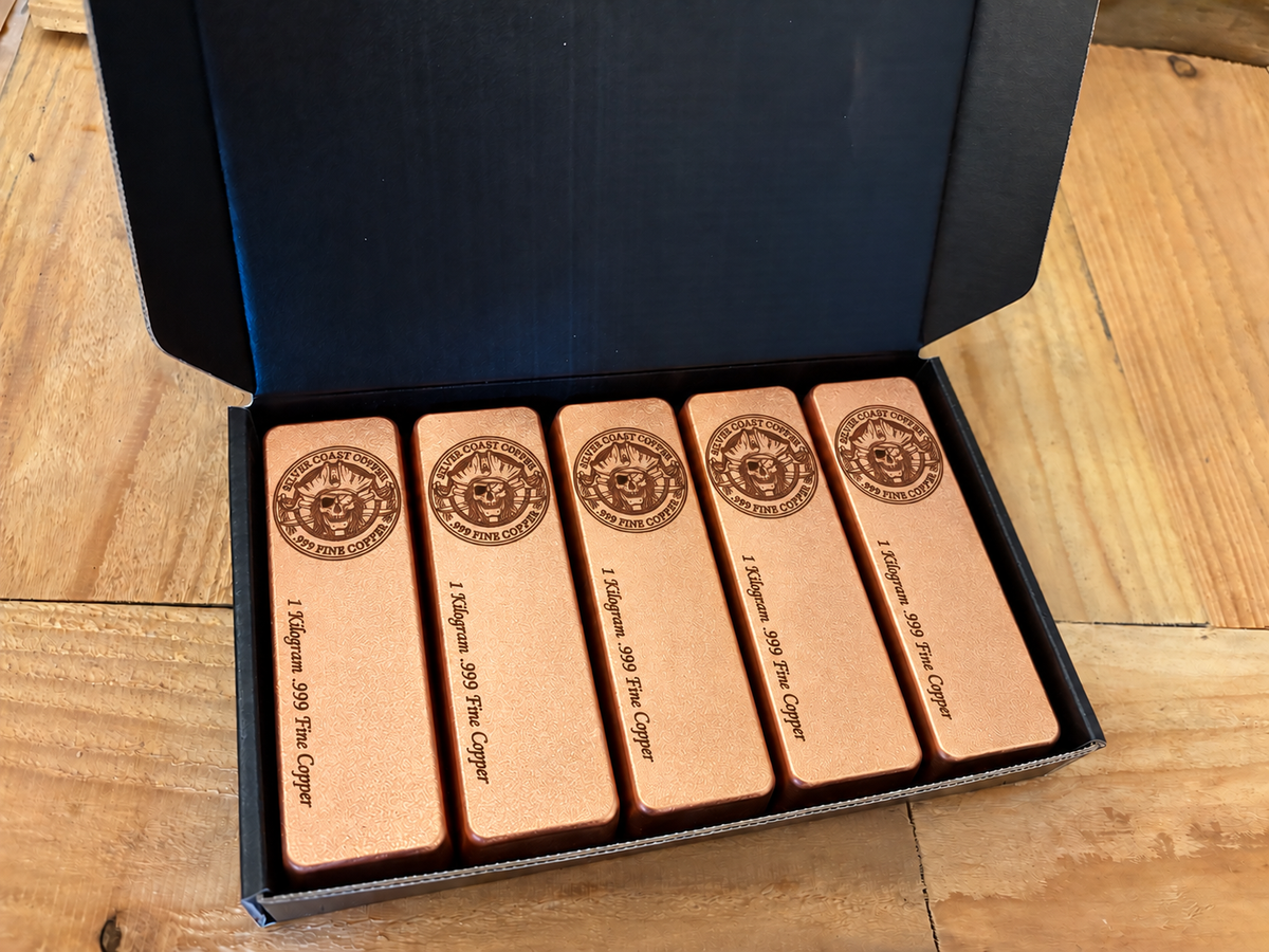 Pirate Logo five-pack: five 1 kilogram .999 fine copper bars in satin finish, displayed in an open black presentation box
