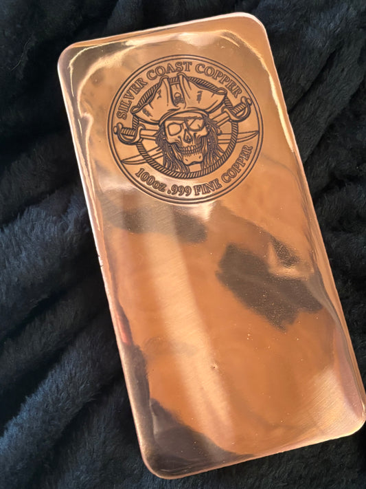 100oz .999 Fine Copper: Engraved Pirate Hi Polish Face