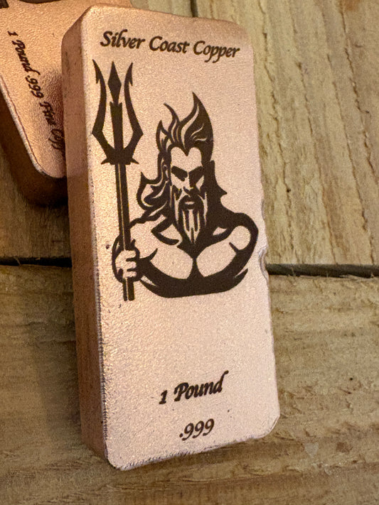 1 lb satin copper bar engraved with Neptune holding a trident