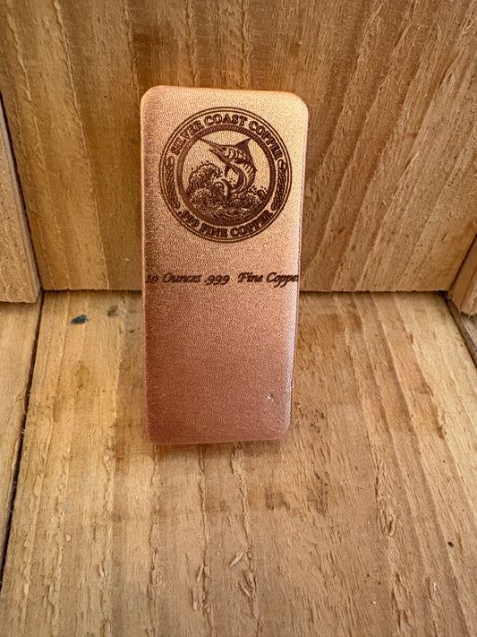 Upright 10 oz satin copper bar engraved with a marlin medallion