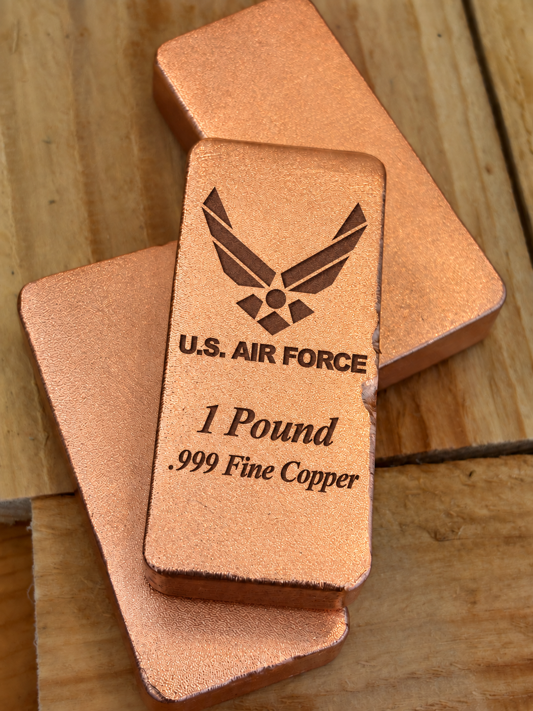 Air Force 1 Pound .999 Fine Copper bar engraving mockup, stacked display