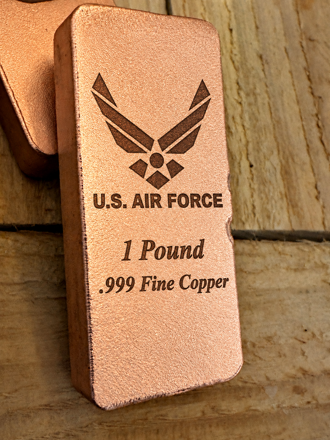Air Force 1 Pound .999 Fine Copper bar engraving mockup, angled view