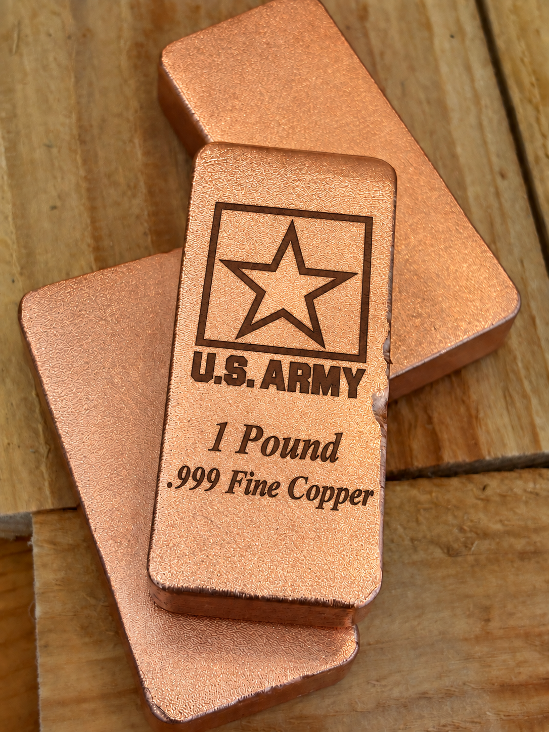 Army 1 Pound .999 Fine Copper bar engraving mockup, stacked display