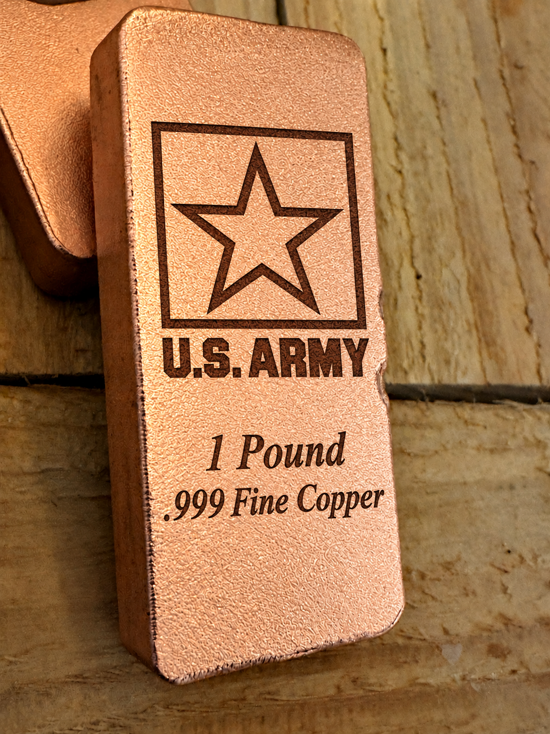 Army 1 Pound .999 Fine Copper bar engraving mockup, angled view