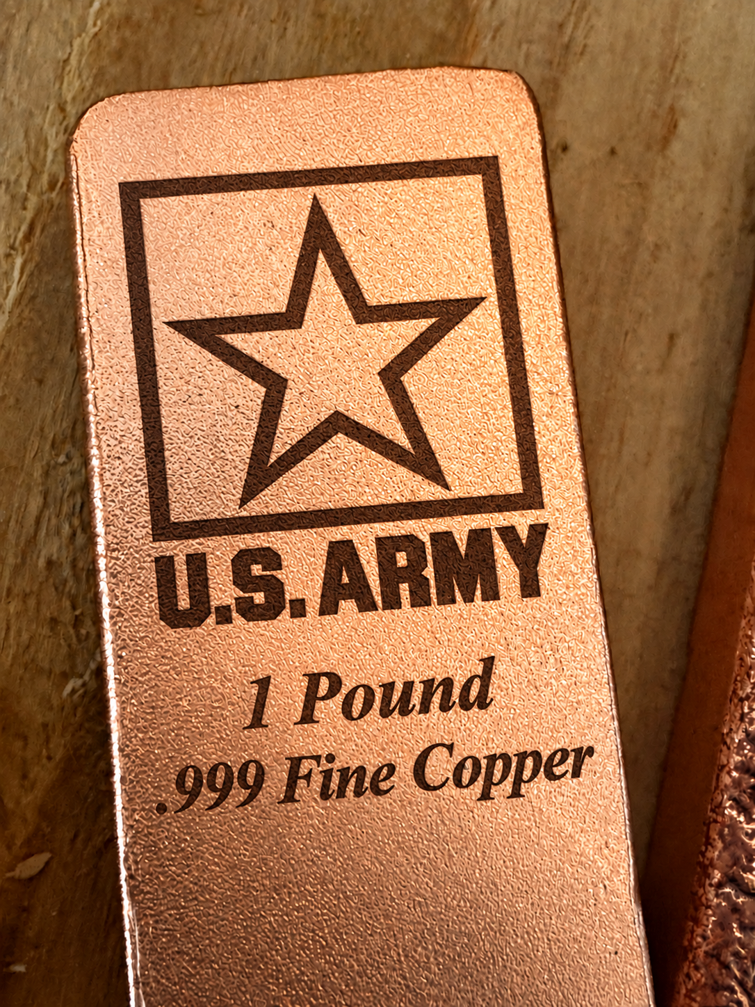 Army 1 Pound .999 Fine Copper bar engraving mockup, close-up