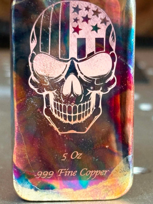 5 oz copper bar with an engraved American flag skull and vivid flame-painted colors