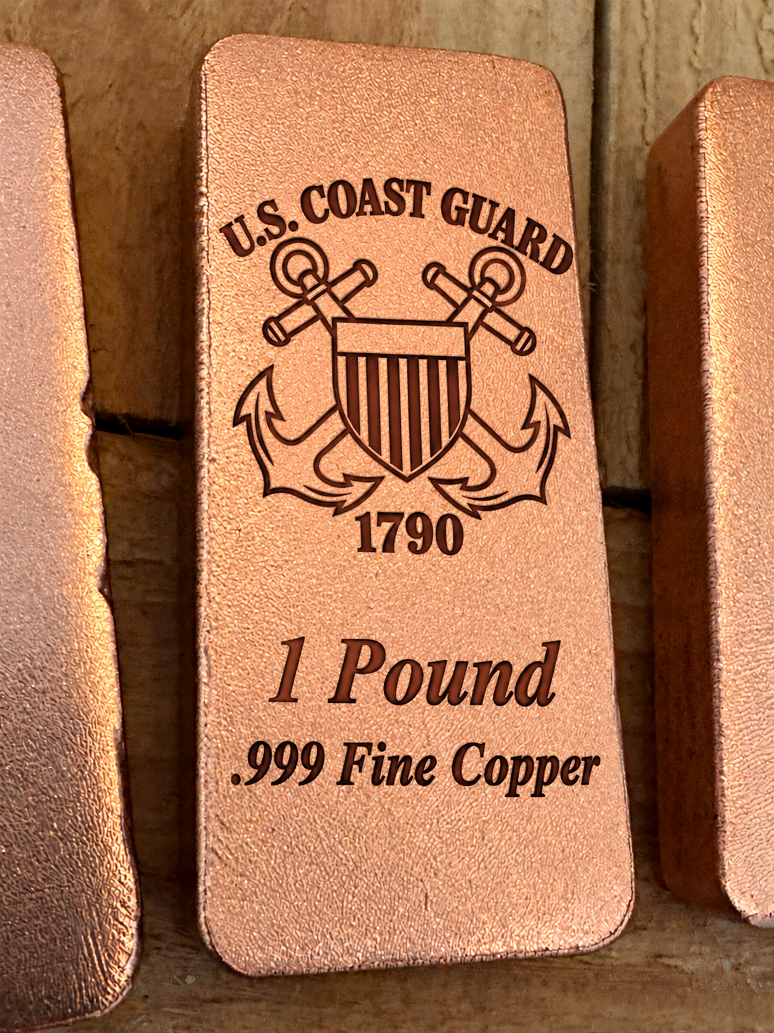 Coast Guard 1 Pound .999 Fine Copper bar engraving mockup, front view