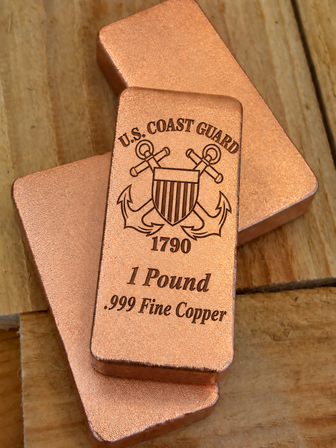 Coast Guard 1 Pound .999 Fine Copper bar engraving mockup, stacked display