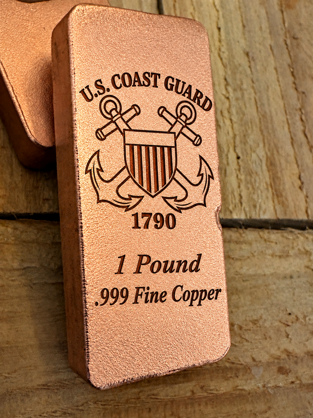 Coast Guard 1 Pound .999 Fine Copper bar engraving mockup, angled view