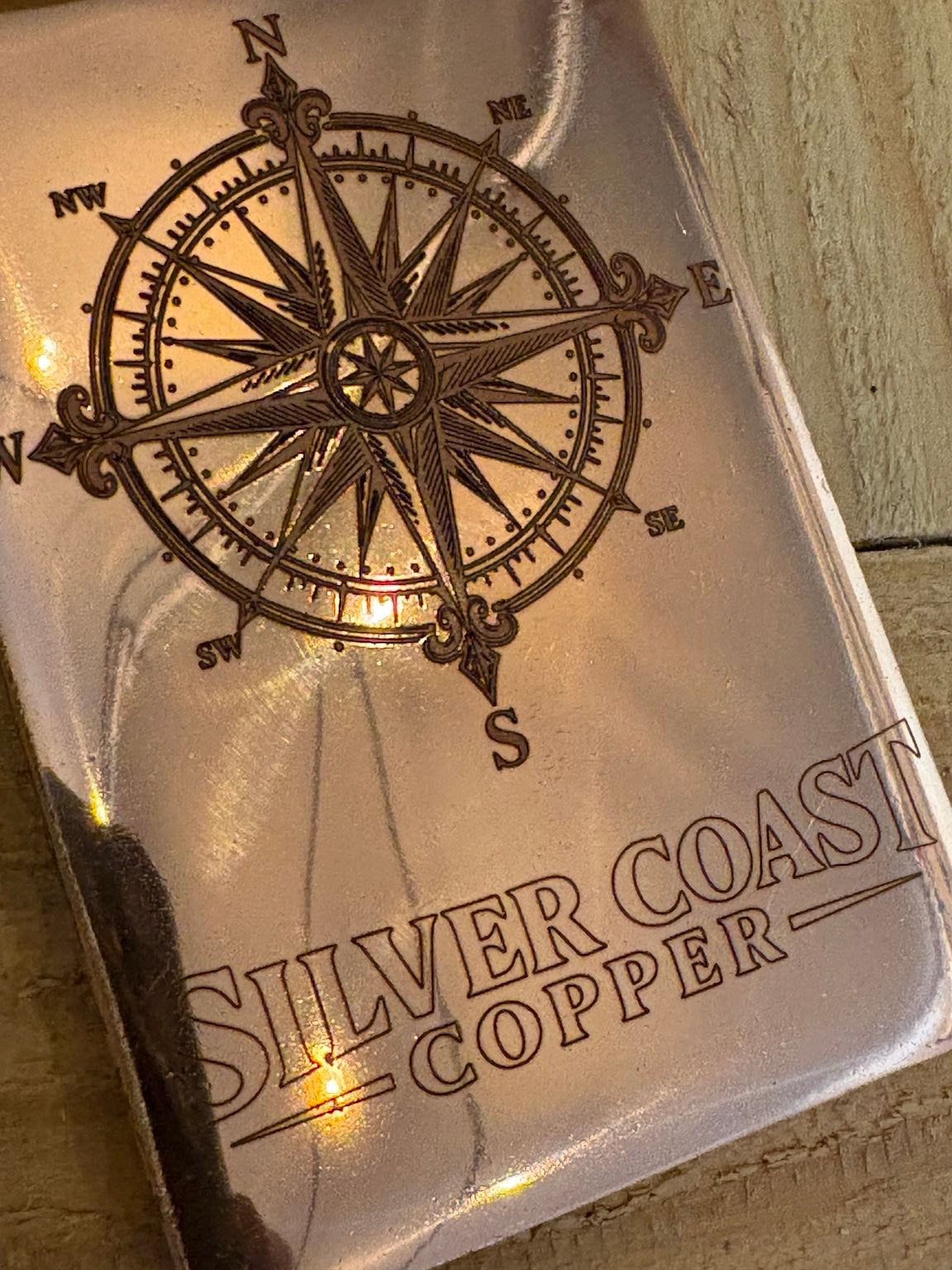 Compass Rose high polish copper bar engraving detail