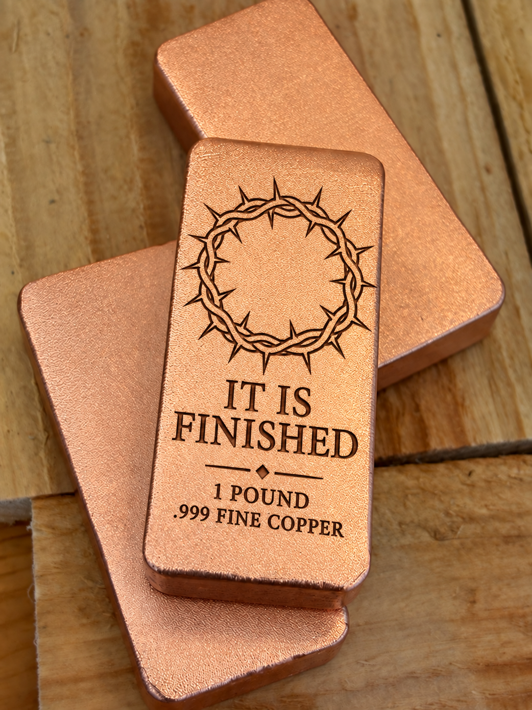 Crown of Thorns and "It Is Finished" engraved on a 1 pound .999 fine copper satin bar, stacked view (design preview)