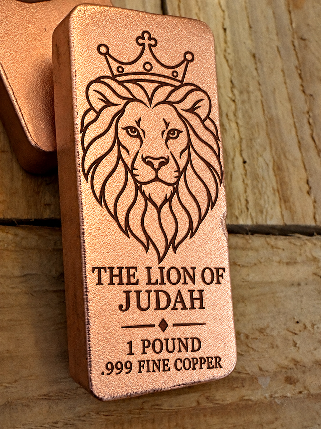 Lion of Judah and "The Lion of Judah" engraved on a 1 pound .999 fine copper satin bar, angled view (design preview)