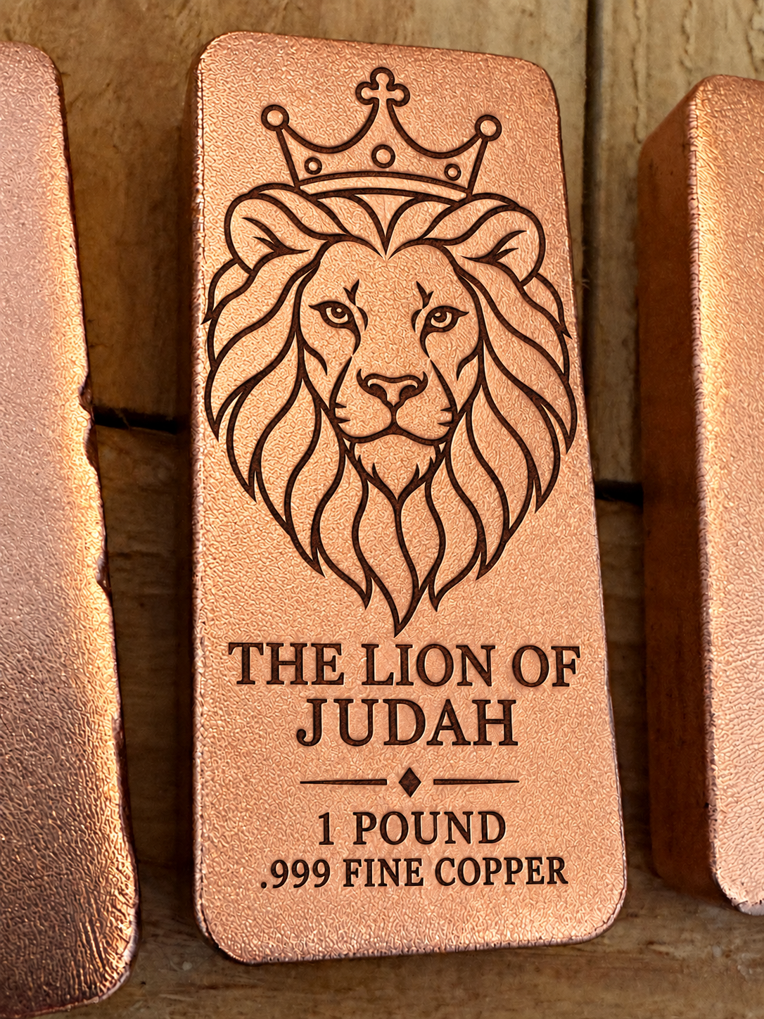 Lion of Judah and "The Lion of Judah" engraved on a 1 pound .999 fine copper satin bar, front view (design preview)