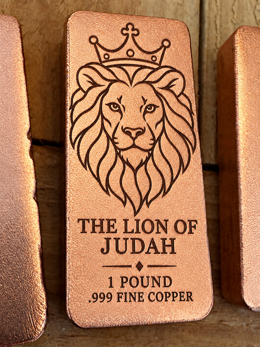 Lion of Judah and "The Lion of Judah" engraved on a 1 pound .999 fine copper satin bar, front view (design preview)
