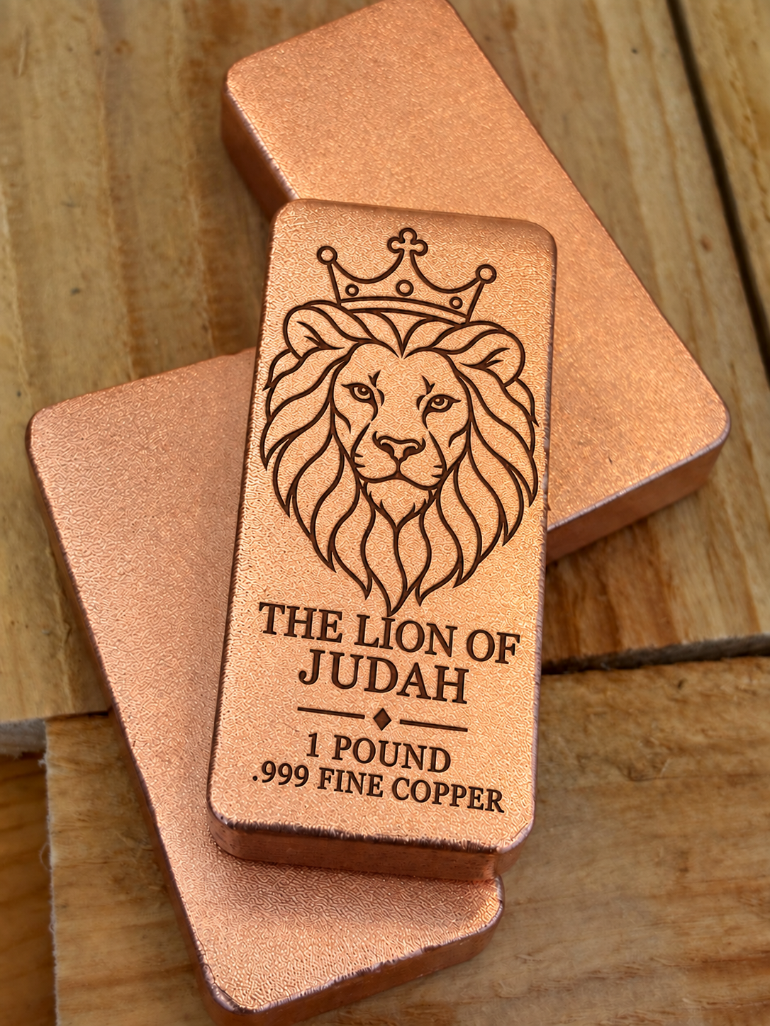 Lion of Judah and "The Lion of Judah" engraved on a 1 pound .999 fine copper satin bar, stacked view (design preview)