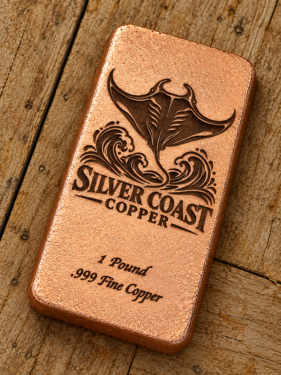 Manta Ray 1 Pound .999 Fine Copper bar engraving mockup, overhead flat-lay view