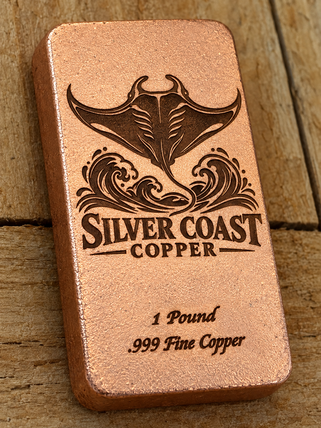 Manta Ray 1 Pound .999 Fine Copper bar engraving mockup, angled front view