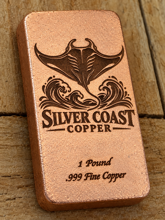 Manta Ray 1 Pound .999 Fine Copper bar engraving mockup, angled front view