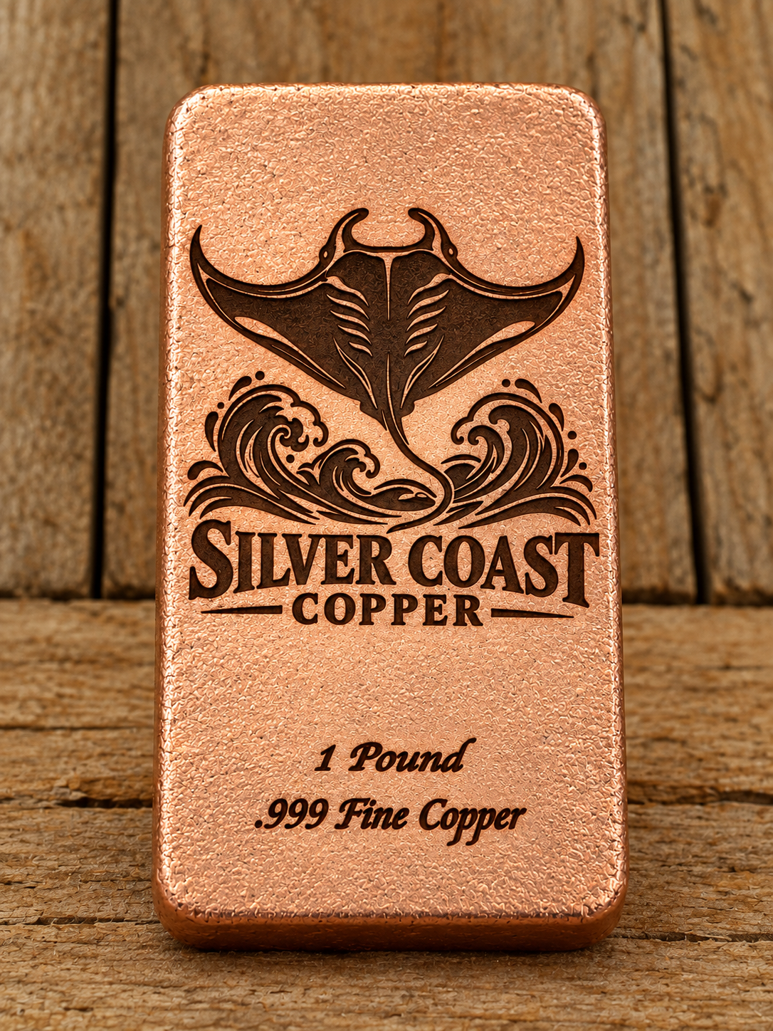 Manta Ray 1 Pound .999 Fine Copper bar engraving mockup, straight-on view