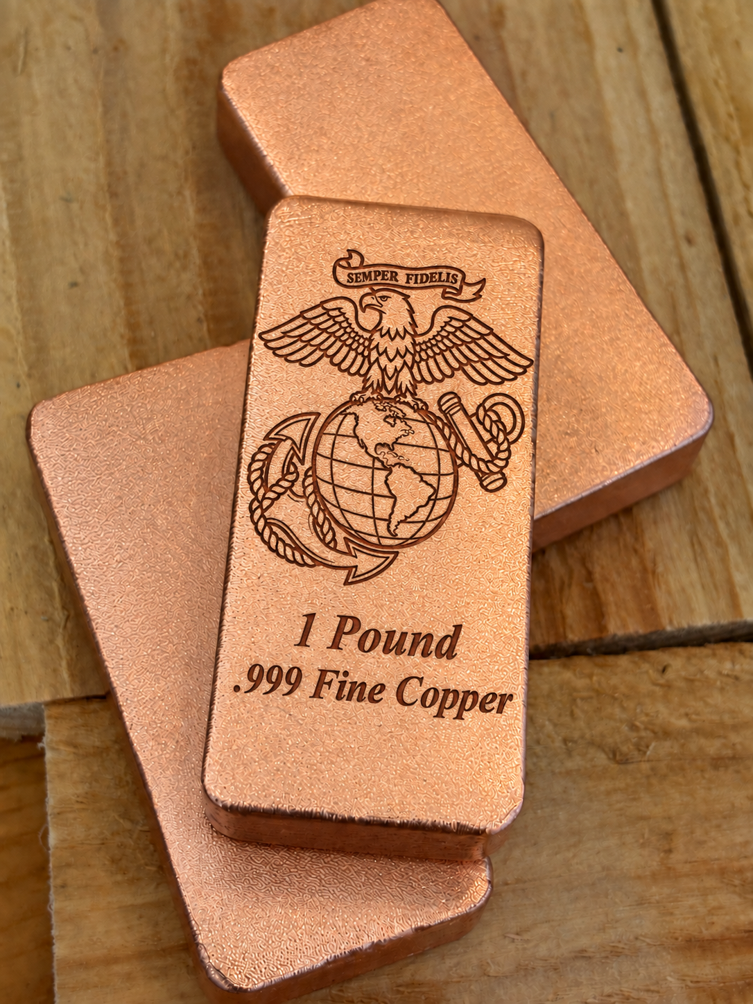 Marine Corps 1 Pound .999 Fine Copper bar engraving mockup, stacked display