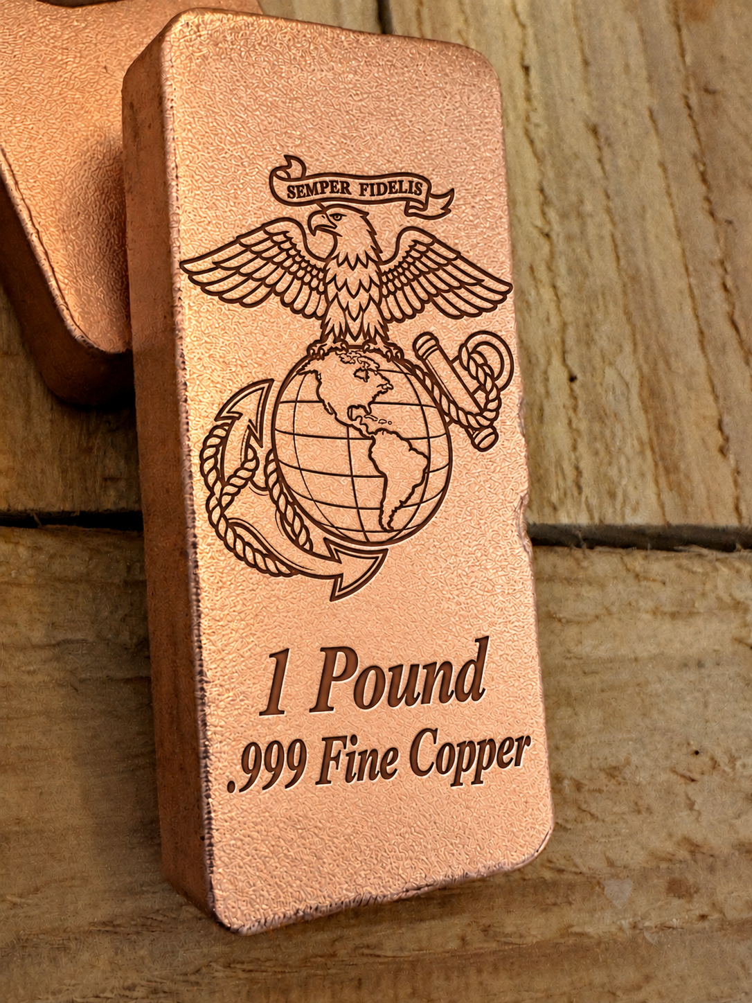 Marine Corps 1 Pound .999 Fine Copper bar engraving mockup, angled view