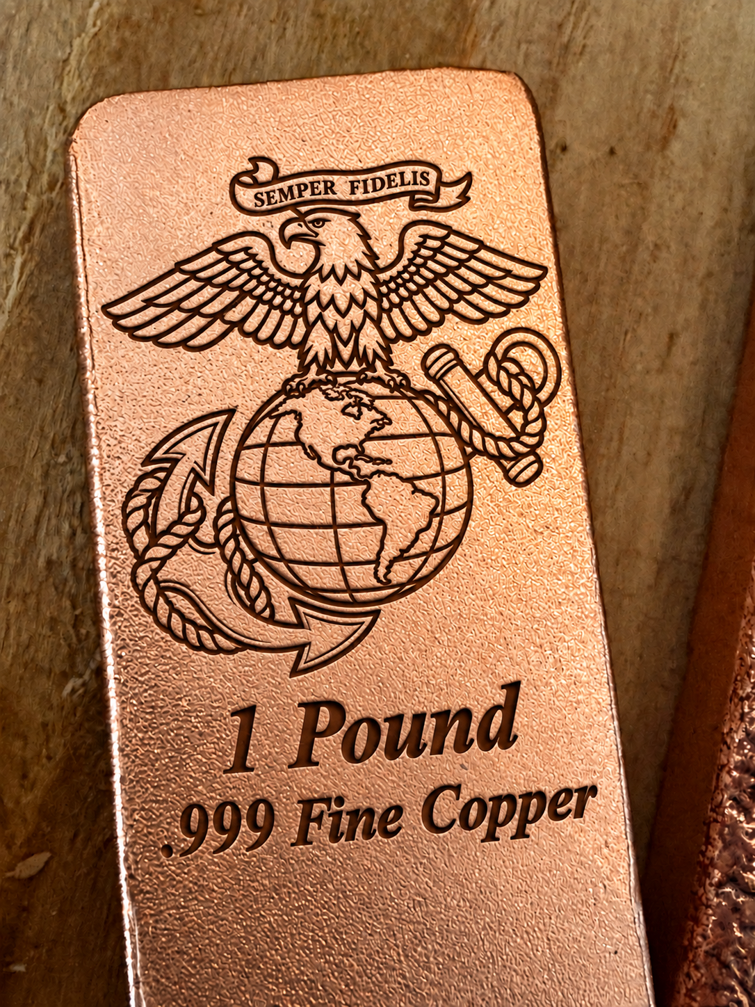 Marine Corps 1 Pound .999 Fine Copper bar engraving mockup, close-up