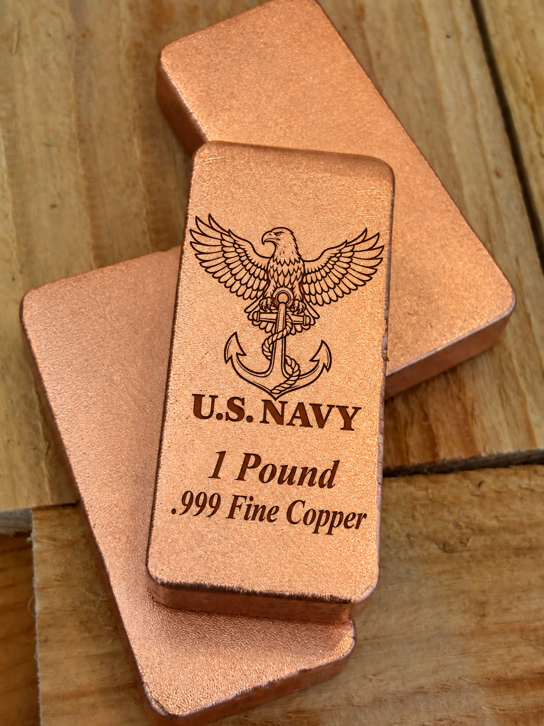Navy 1 Pound .999 Fine Copper bar engraving mockup, stacked display