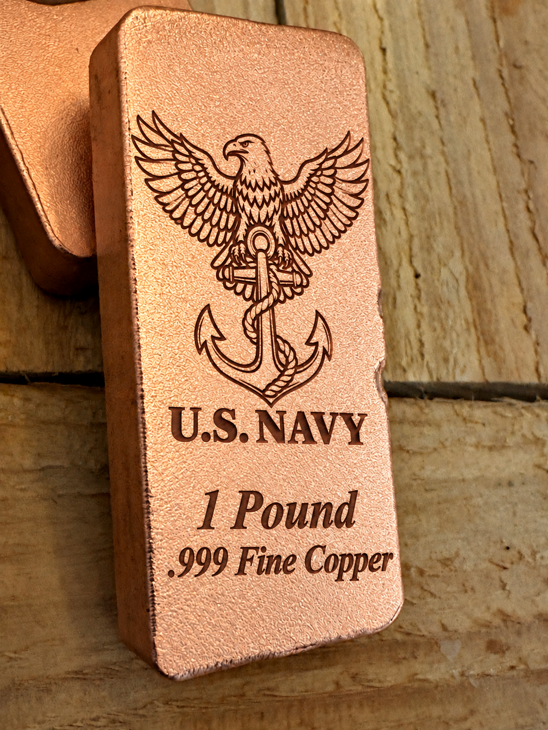 Navy 1 Pound .999 Fine Copper bar engraving mockup, angled view