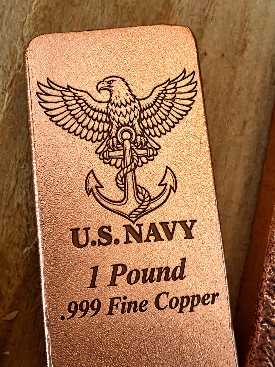 Navy 1 Pound .999 Fine Copper bar engraving mockup, close-up