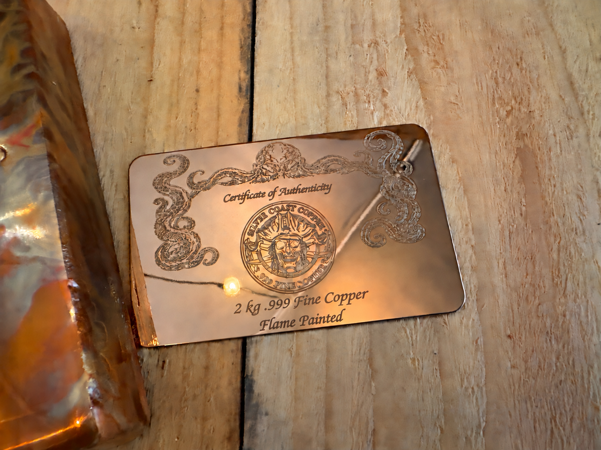 Mirror finish engraved certificate of authenticity for 2 kg Flame Painted .999 fine copper